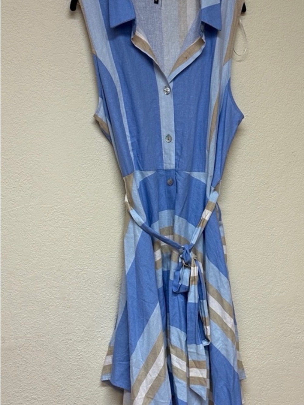 1. State Sleeveless Blue, Tan & Cream Striped Midi Shirt Dress